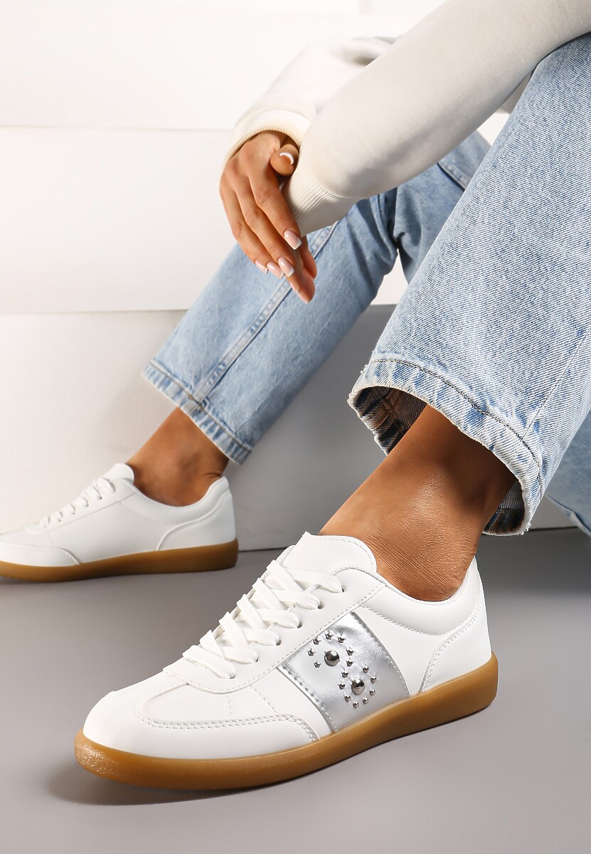 Sneakers Albi-Argintii cu Talpă Plată cu șiret și Inserție Decorativă Drukesti 1