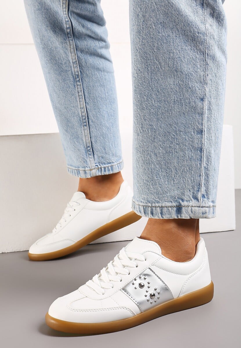 Sneakers Albi-Argintii cu Talpă Plată cu șiret și Inserție Decorativă Drukesti 2