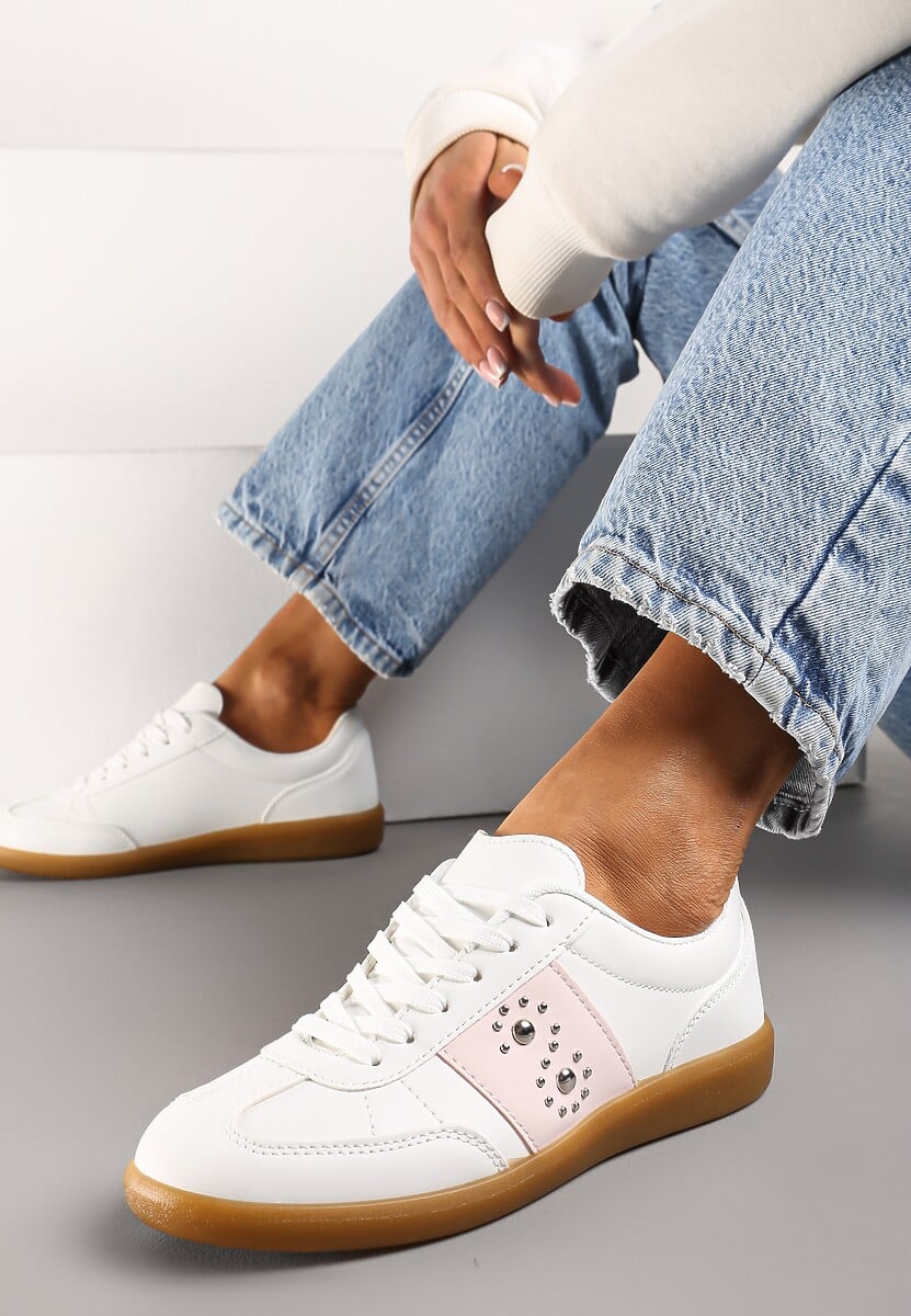 Sneakerși Albi-Roz pe Talpă Plată cu Legare și Inserție Decorativă Drukesti 1