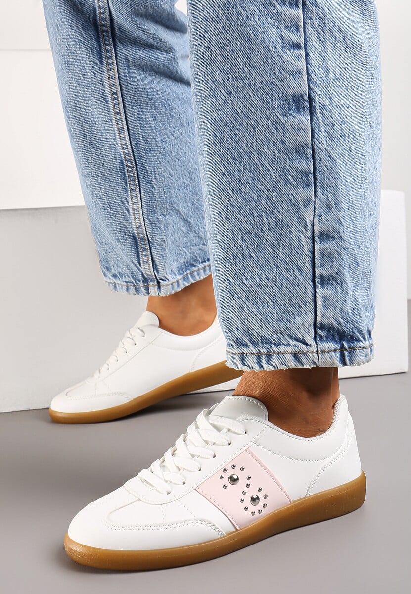 Sneakerși Albi-Roz pe Talpă Plată cu Legare și Inserție Decorativă Drukesti 2