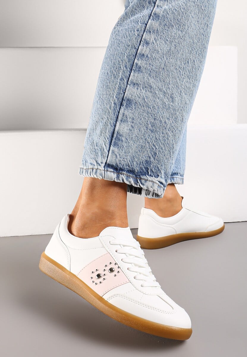 Sneakerși Albi-Roz pe Talpă Plată cu Legare și Inserție Decorativă Drukesti 3