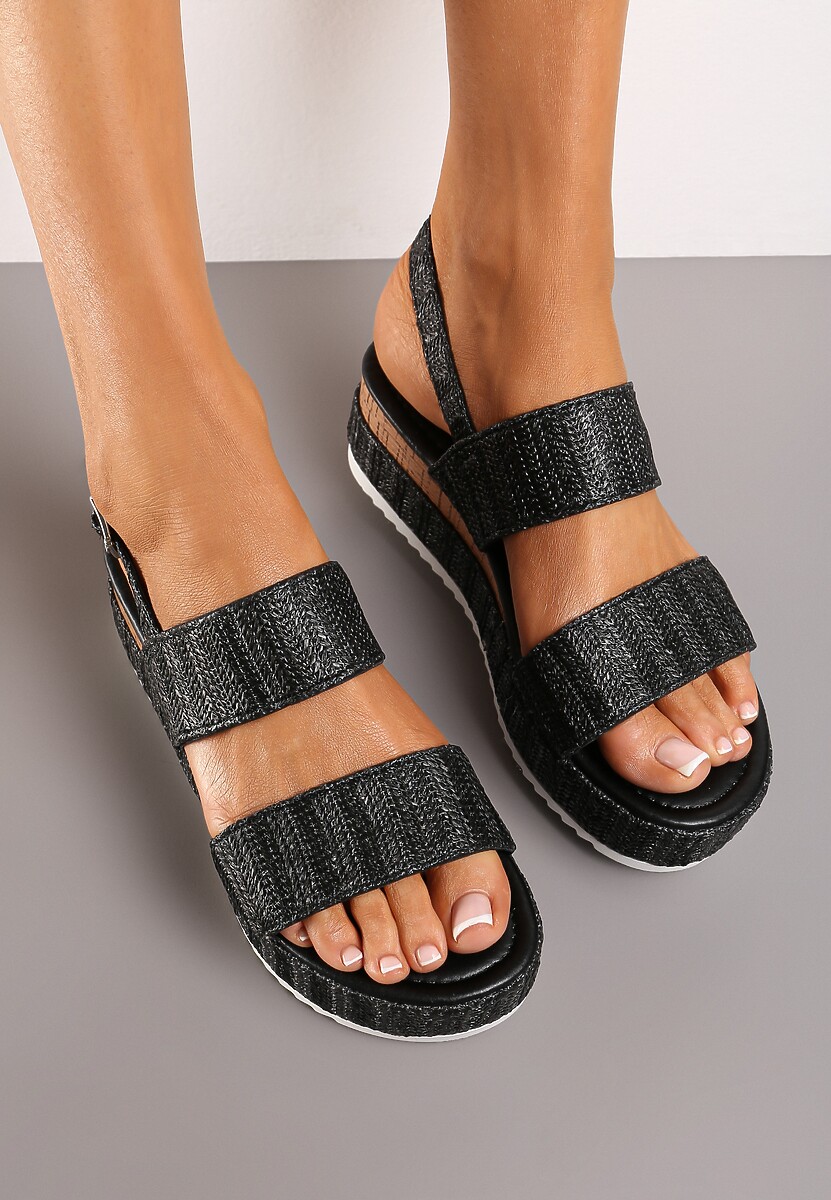 Sandale Negre pe Platformă cu Toc Wedge Împletitură Decorativă și Cataramă Meepora 3