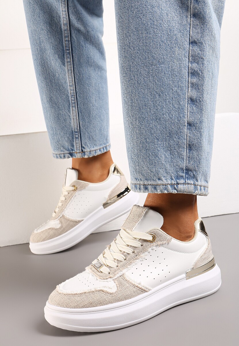 Biało-Beżowe Sneakersy Ozdobione Wstawkami z Materiału i Aplikacją z Cyrkonii Eephira 3