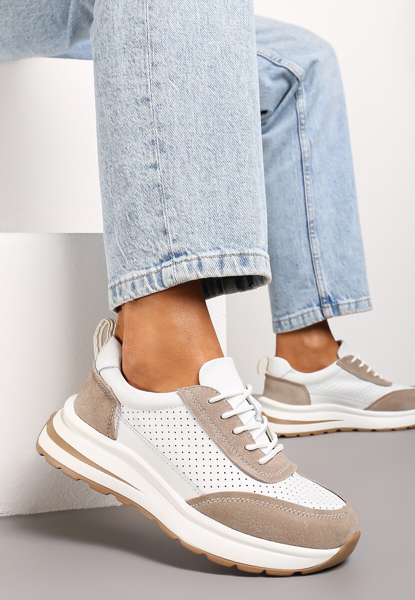 Sneakers din Piele Alb-Maro cu Perforatie si Sireturi Subtiri Ajullta 2