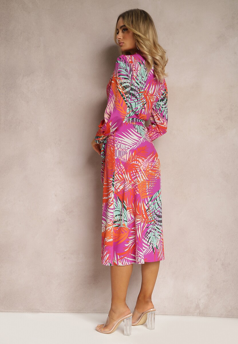 Rochie Violet-Bej cu Închidere Împletită și Curea din Material Adnila 3