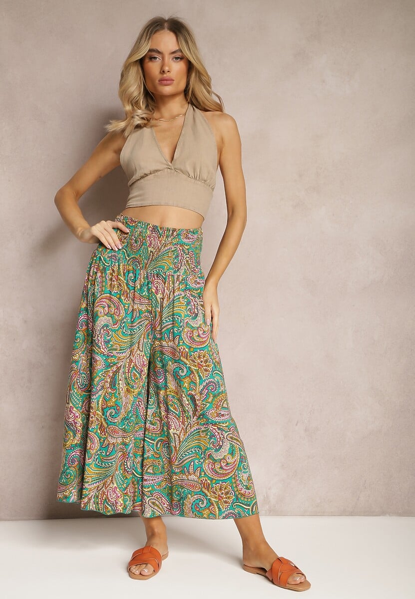 Zielone Spodnie Culottes z Bawełnianej Tkaniny Ozdobione Wzorem Paisley Gwinamas 2