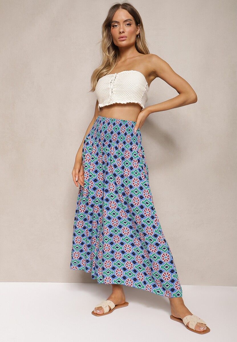 Pantaloni largi albaștri tip Culottes din material de bumbac cu model mozaic Miratte 1