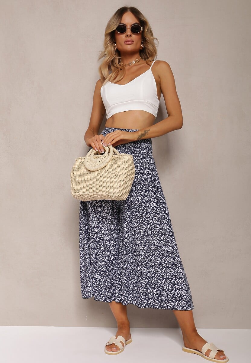 Pantaloni Culottes din Bumbac Bleumarin cu Elastic Lat în Talie și Imprimeu Floral Pellagia 2