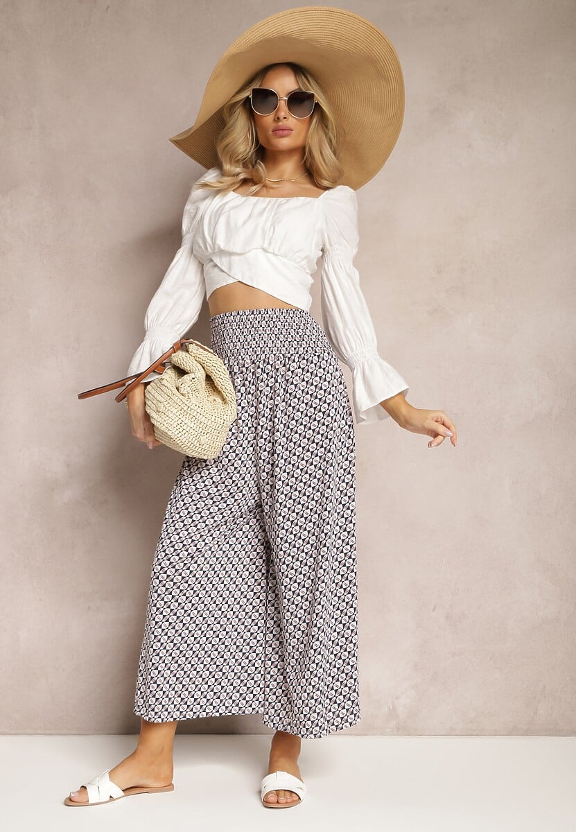 Bleumarin-Alb Pantaloni High Waist din Bumbac cu Picior Larg și Elastic Nereialla 3