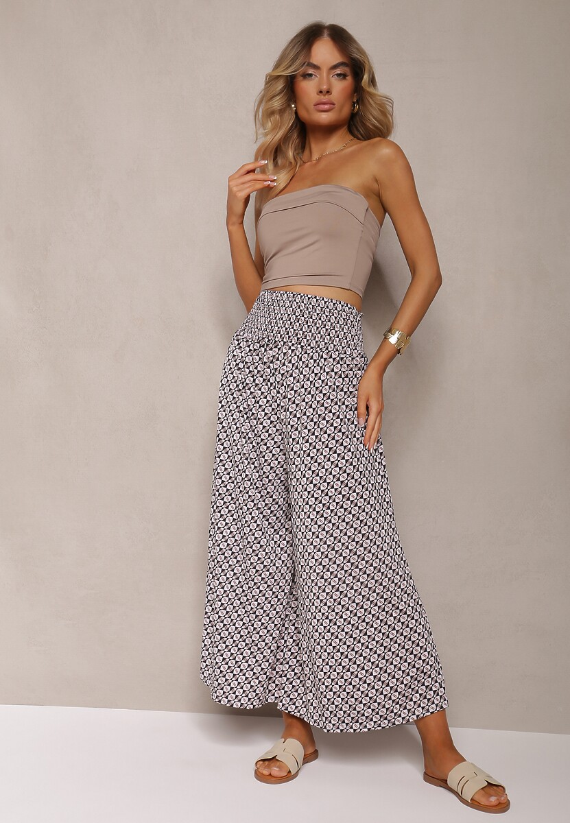 Pantaloni negri-bej High Waist din bumbac cu croială evazată și elastic Nereialla 1