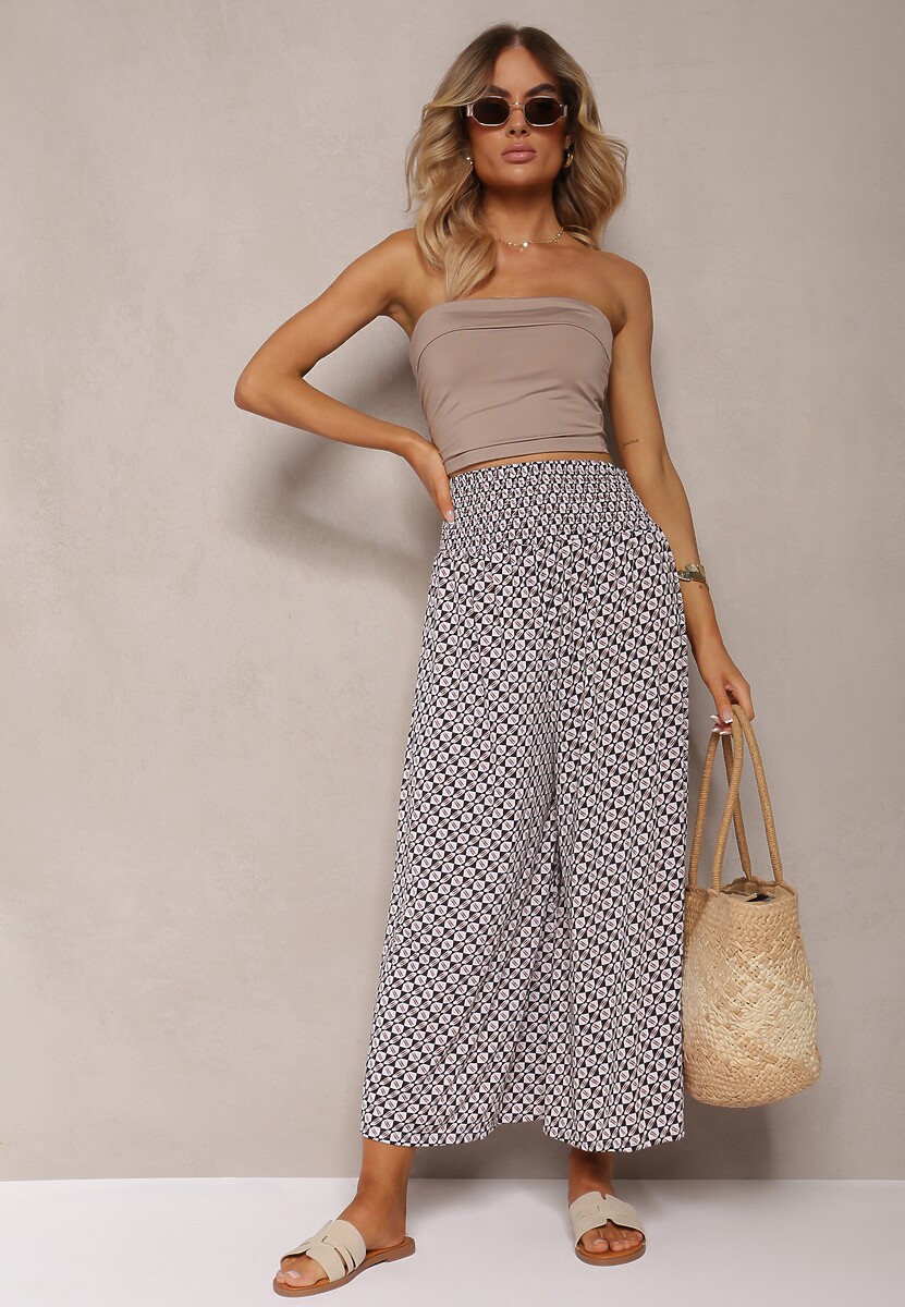 Pantaloni negri-bej High Waist din bumbac cu croială evazată și elastic Nereialla 2