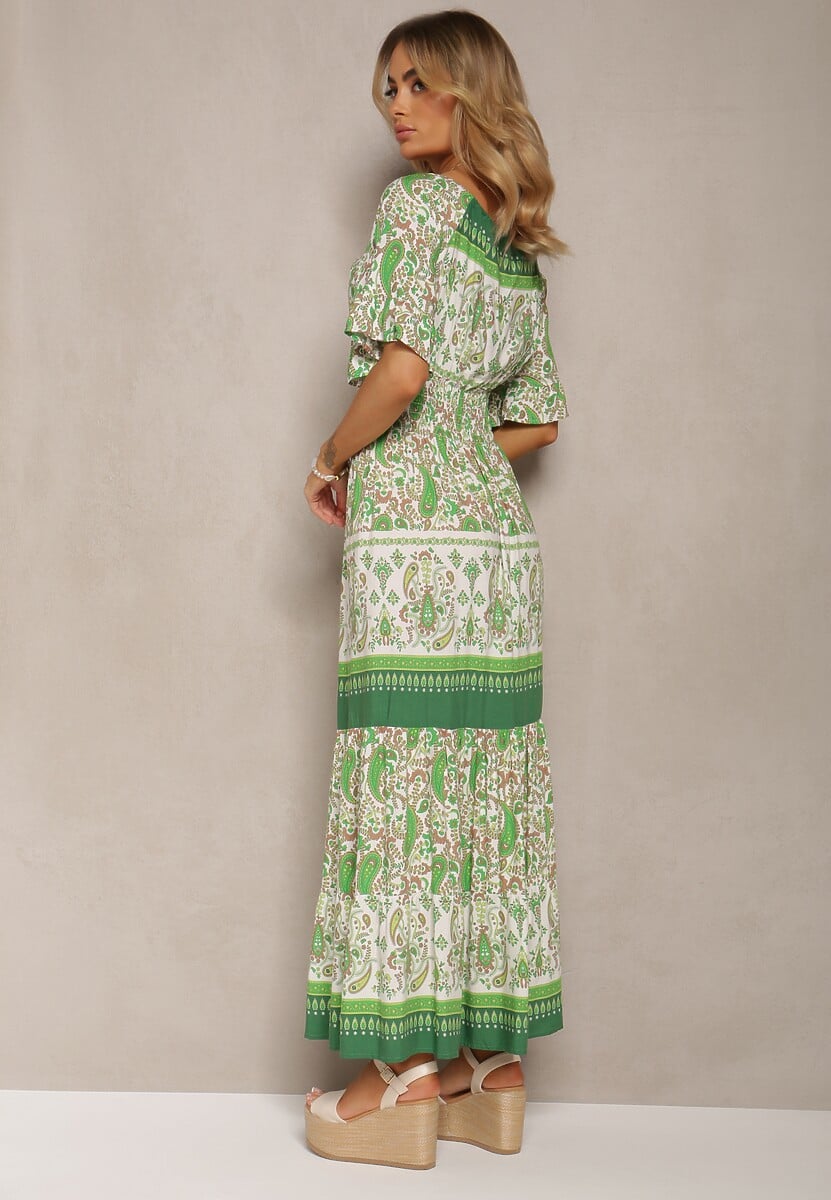 Rochie Verde Deschis din Bumbac cu Fundă Decorativă și Elastic în Talie Betelia 3