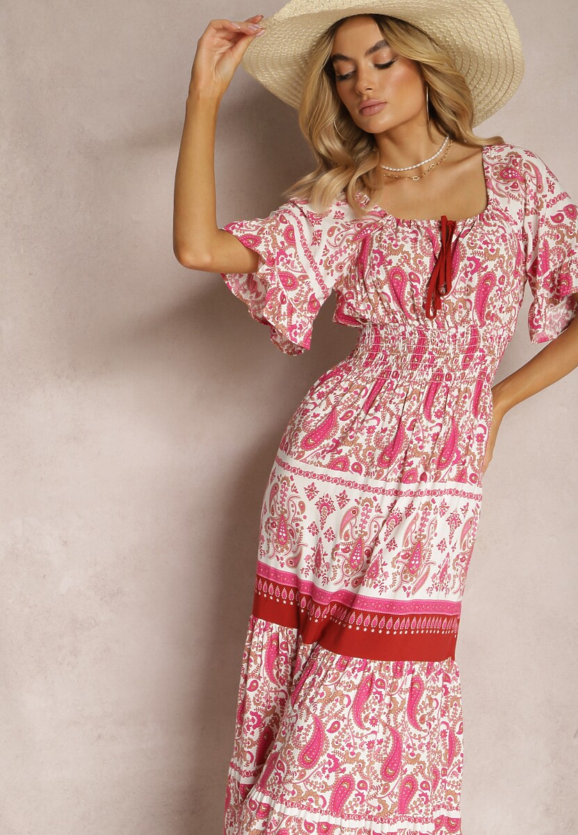 Rochie Fucsia din Bumbac cu Fundă Decorativă și Elastic în Talie Betelia 1
