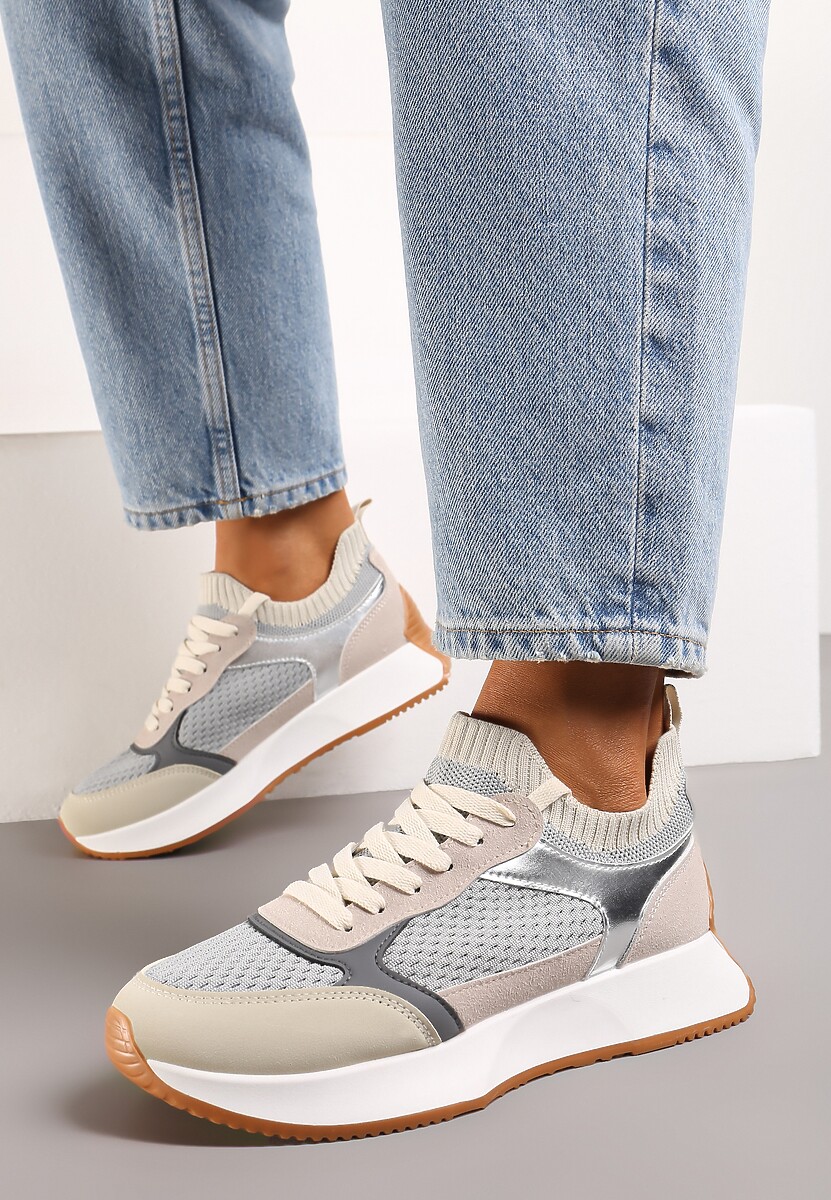 Sneakers Gri-Bej Cu Platforma Încălțare Însă Șireturi și Inserții Metalice Nercea 2