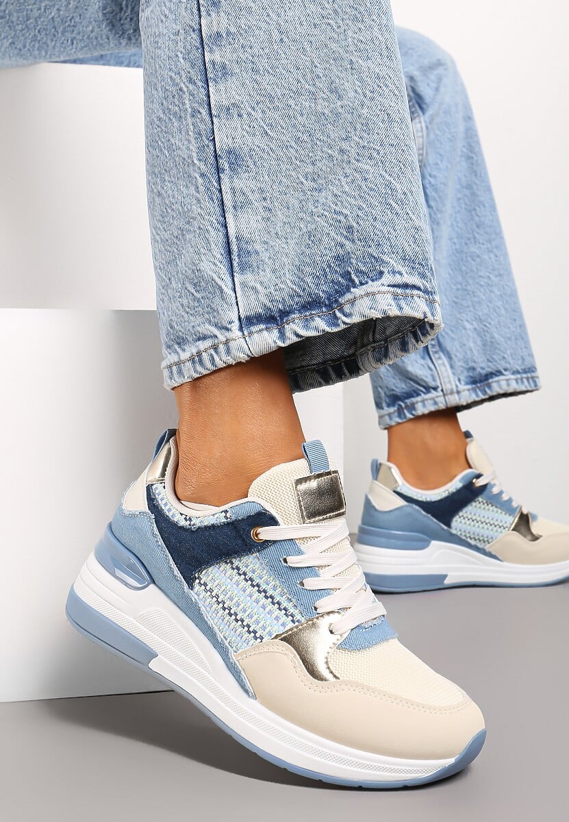 Niebiesko-Beżowe Sneakersy z Niskim Koturnem i Ozdobnymi Wstawkami Ysabeltia 1