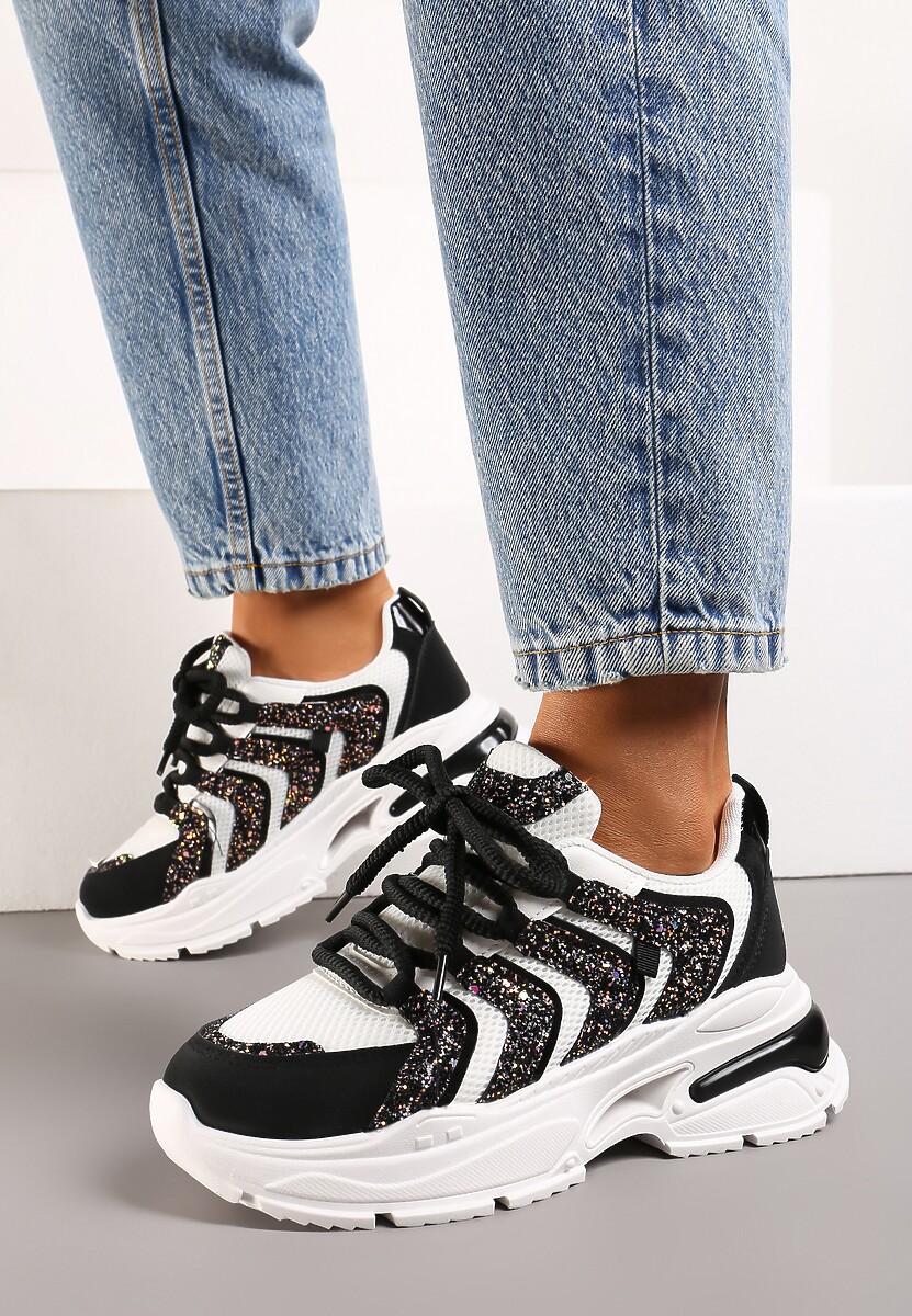Czarno-Białe Sneakersy na Tłoczonej Platformie z Brokatowymi Wstawkami Nalu 3