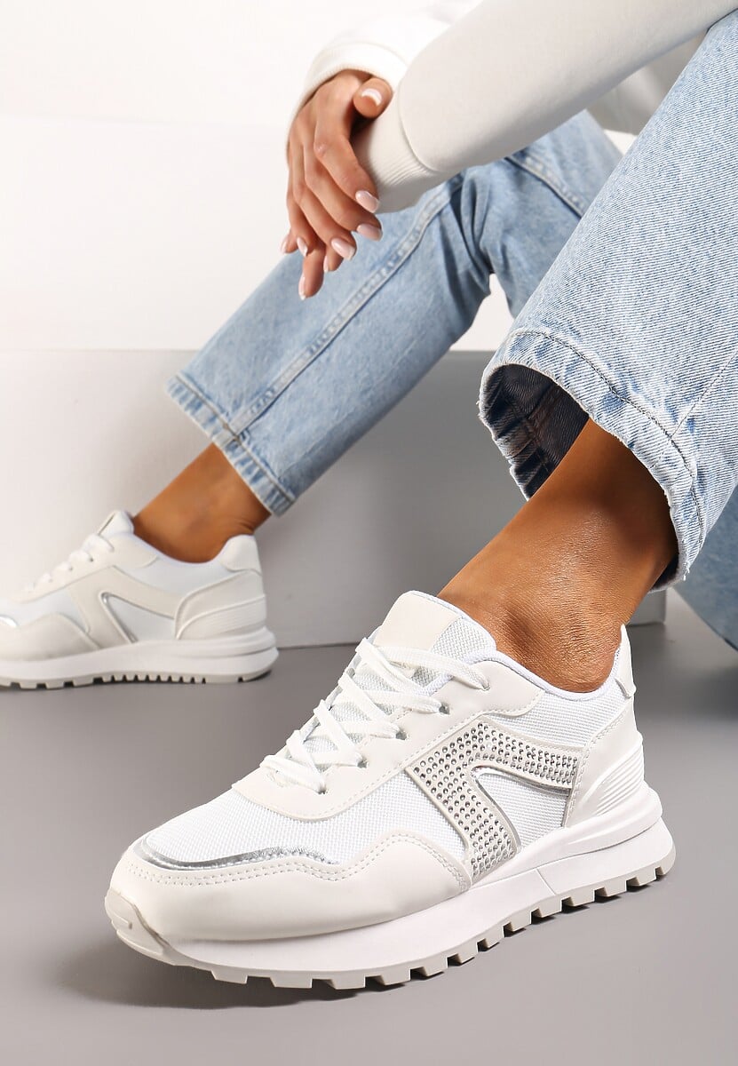 Białe Sneakersy z Cholewką przed Kostkę z Aplikacją z Cyrkonii Velvettes 1