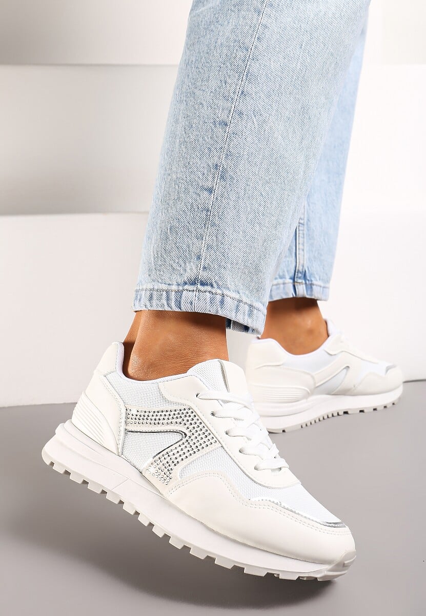 Białe Sneakersy z Cholewką przed Kostkę z Aplikacją z Cyrkonii Velvettes 2