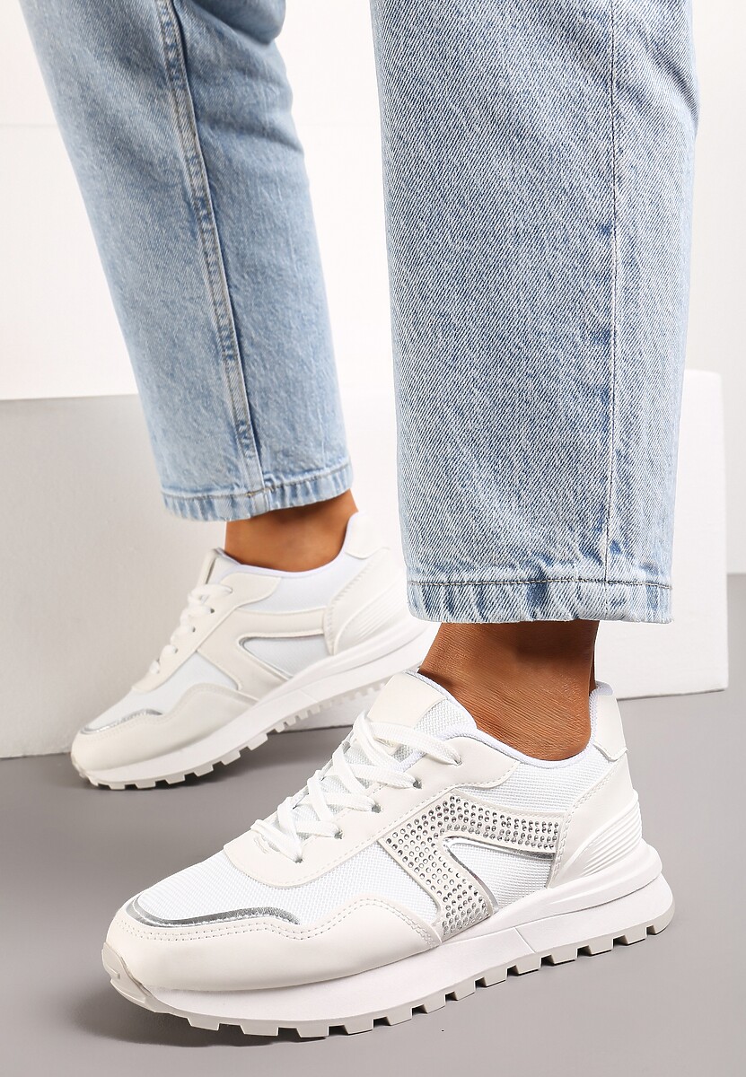 Białe Sneakersy z Cholewką przed Kostkę z Aplikacją z Cyrkonii Velvettes 3