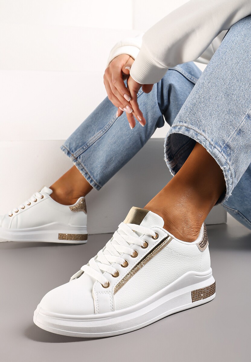 Sneakers Alb-Aurii cu Inserții Sclipitoare și Pietre Strass Ingemi 1