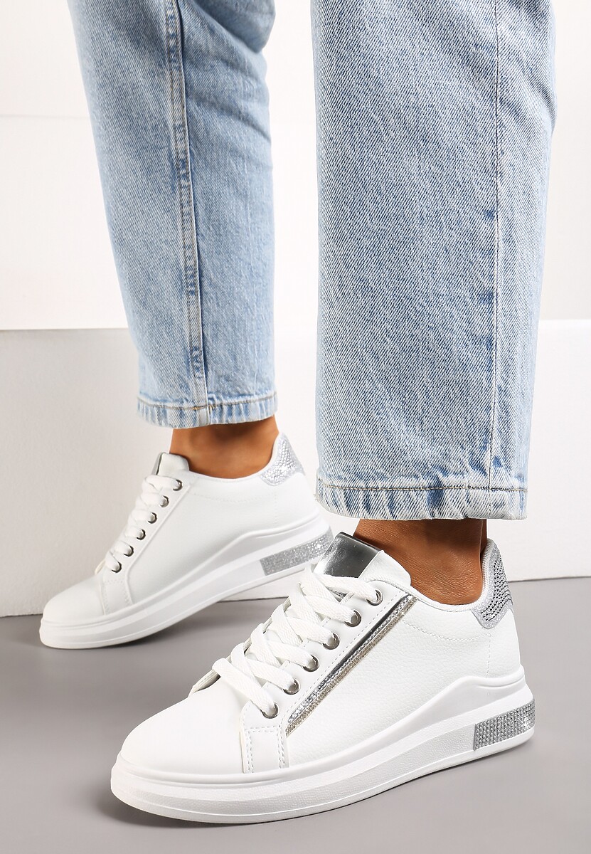 Sneakerși Alb-Argintii cu Inserții Sclipitoare și Pietre Strass Ingemi 1