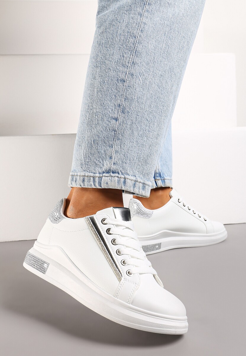 Sneakerși Alb-Argintii cu Inserții Sclipitoare și Pietre Strass Ingemi 2