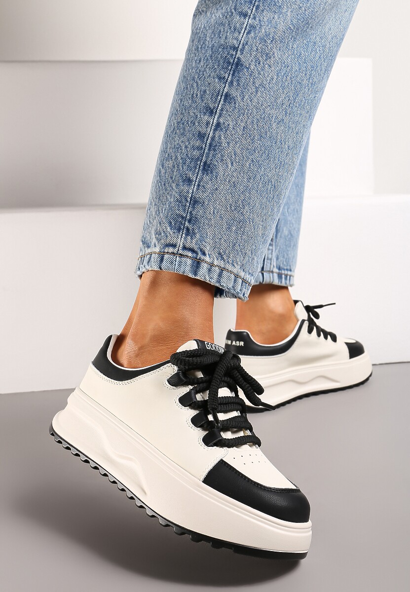 Sneakers Albi-Negri din Piele Naturală cu Platformă și Șireturi Late Talthea 2