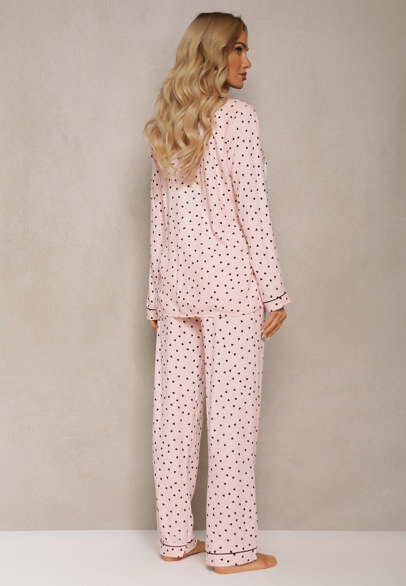 Set Pijamale Roz din Viscoză cu Imprimeu Cămașă cu Nasturi și Pantaloni cu Elastic Pirosa 3