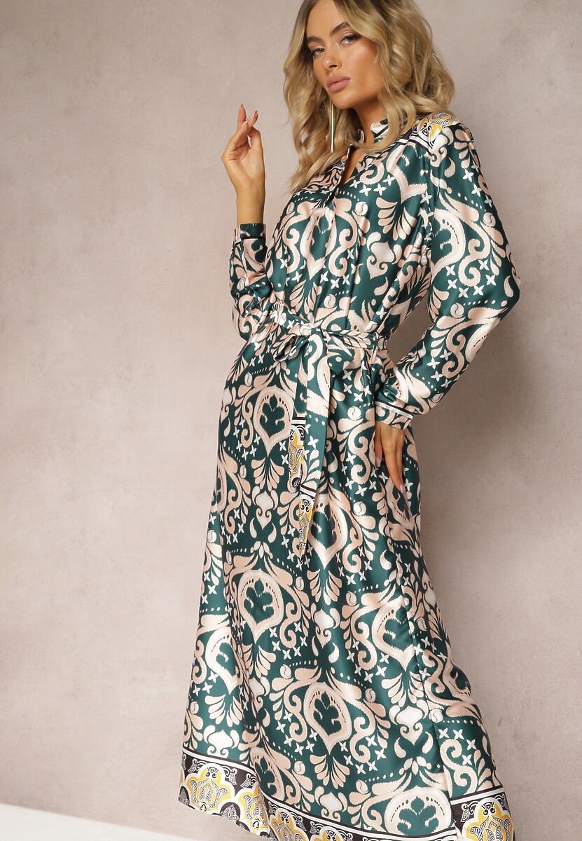 Rochie Verde-Bej din Satin cu Model Ornamental și Croială Tip Box Elirosa 1
