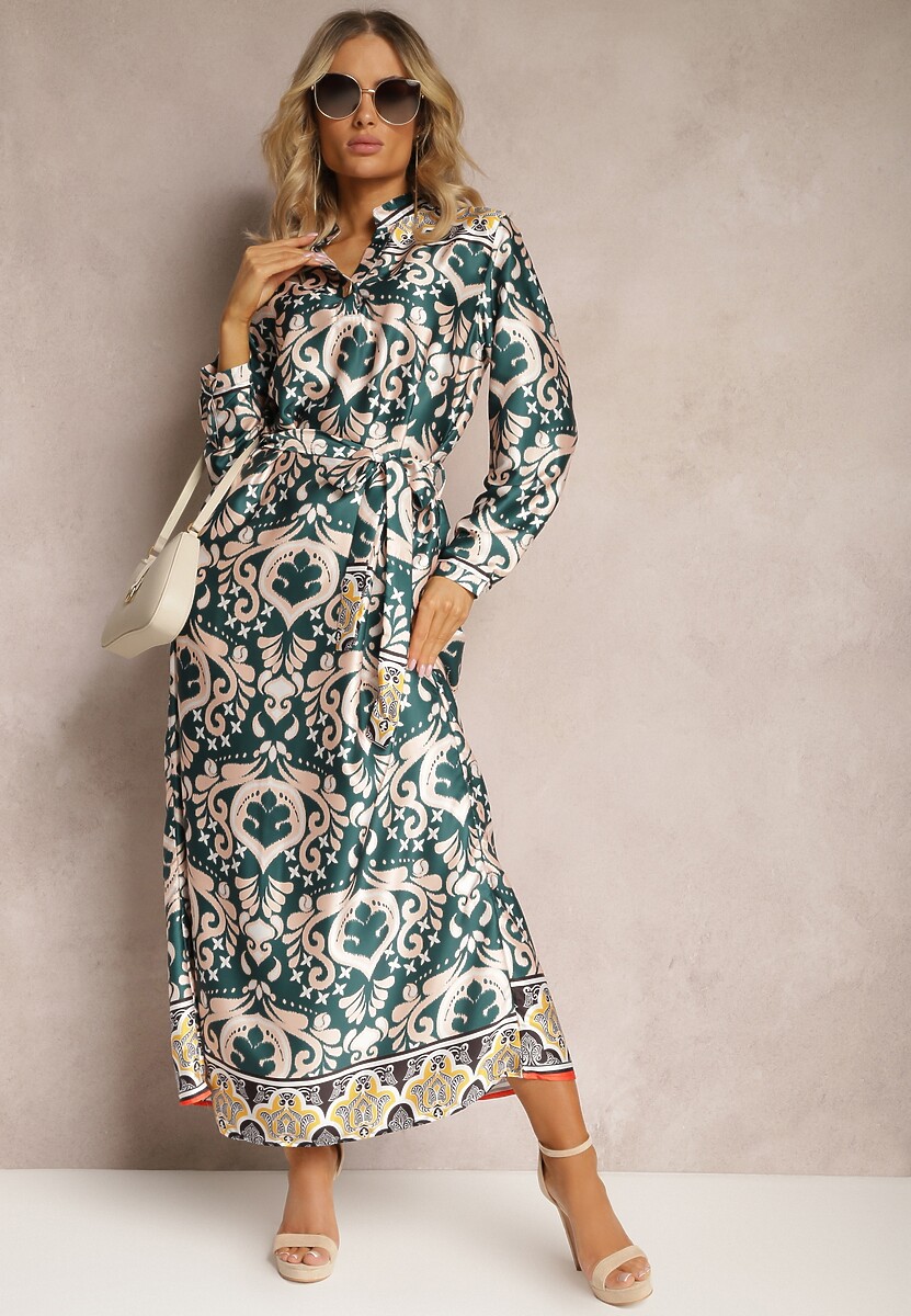Rochie Verde-Bej din Satin cu Model Ornamental și Croială Tip Box Elirosa 2