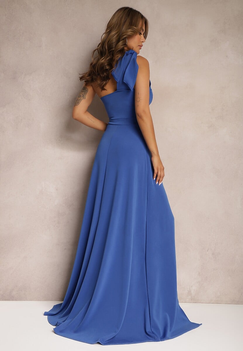 Rochie bleumarin cloș asimetrică cu crăpătură adâncă 3