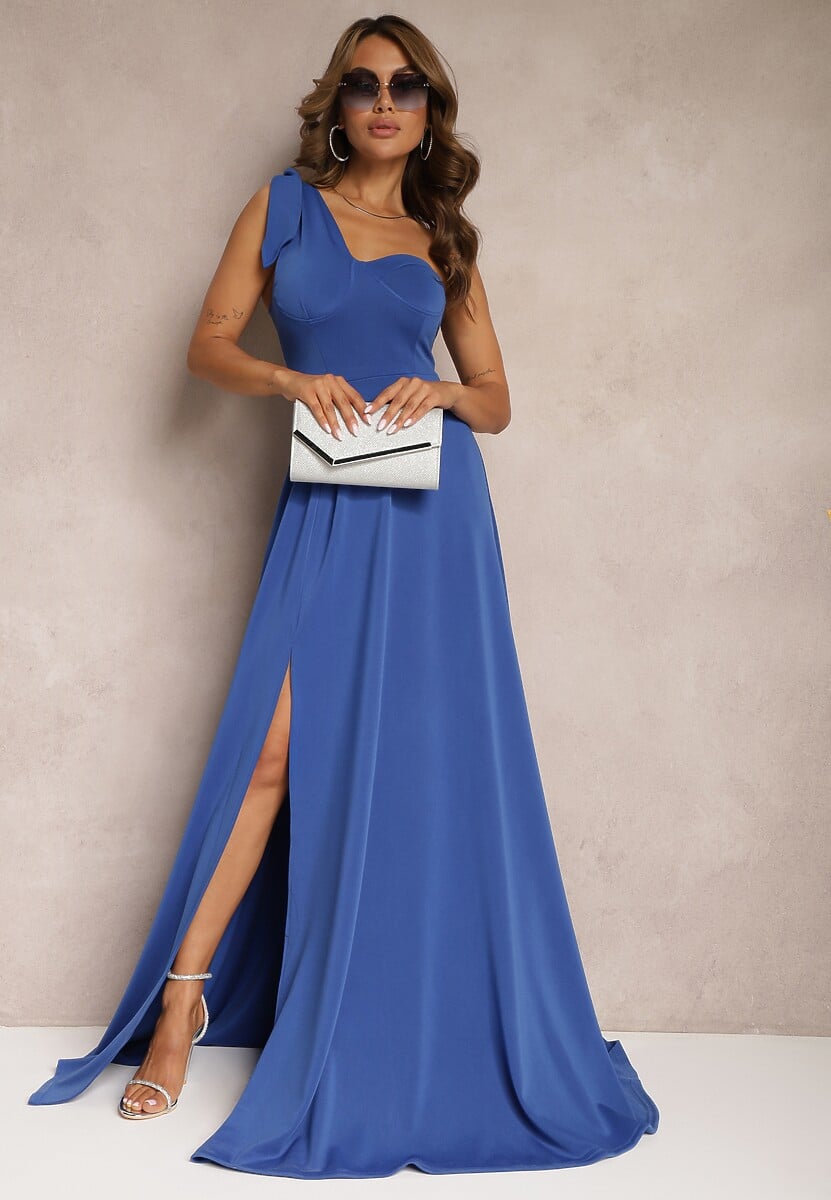 Rochie bleumarin cloș asimetrică cu crăpătură adâncă 2