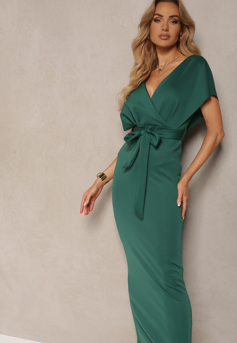 Rochie Verde de Cocktail cu Decolteu Triunghiular și Curea din Material cu Șliț Wilni 2