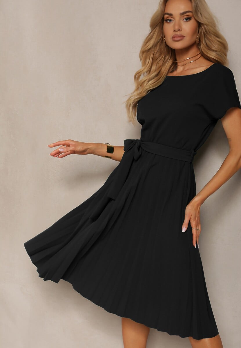 Rochie Neagră de Cocktail cu Elastic în Talie și Mânecă Scurtă cu Curea din Material Zevia 1