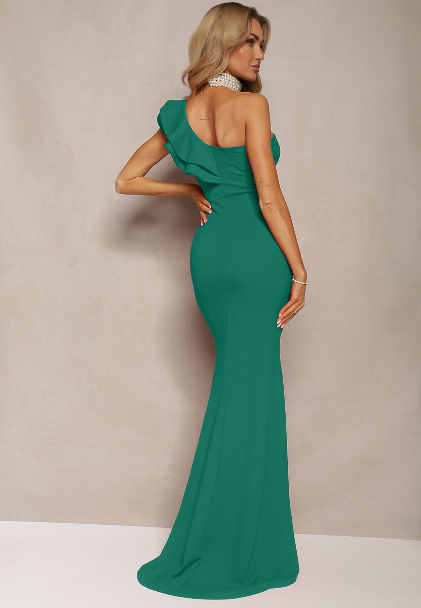 Rochie Verde Elegantă Asimetrică cu Volan și Șliț pe Picior Adnelia 3