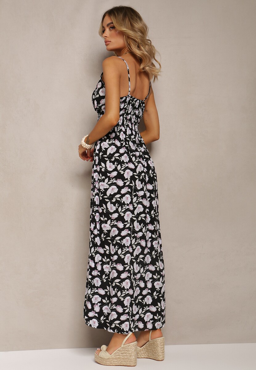 Rochie neagră din bumbac cu bretele subțiri și model floral croi cloș Rosaq 3