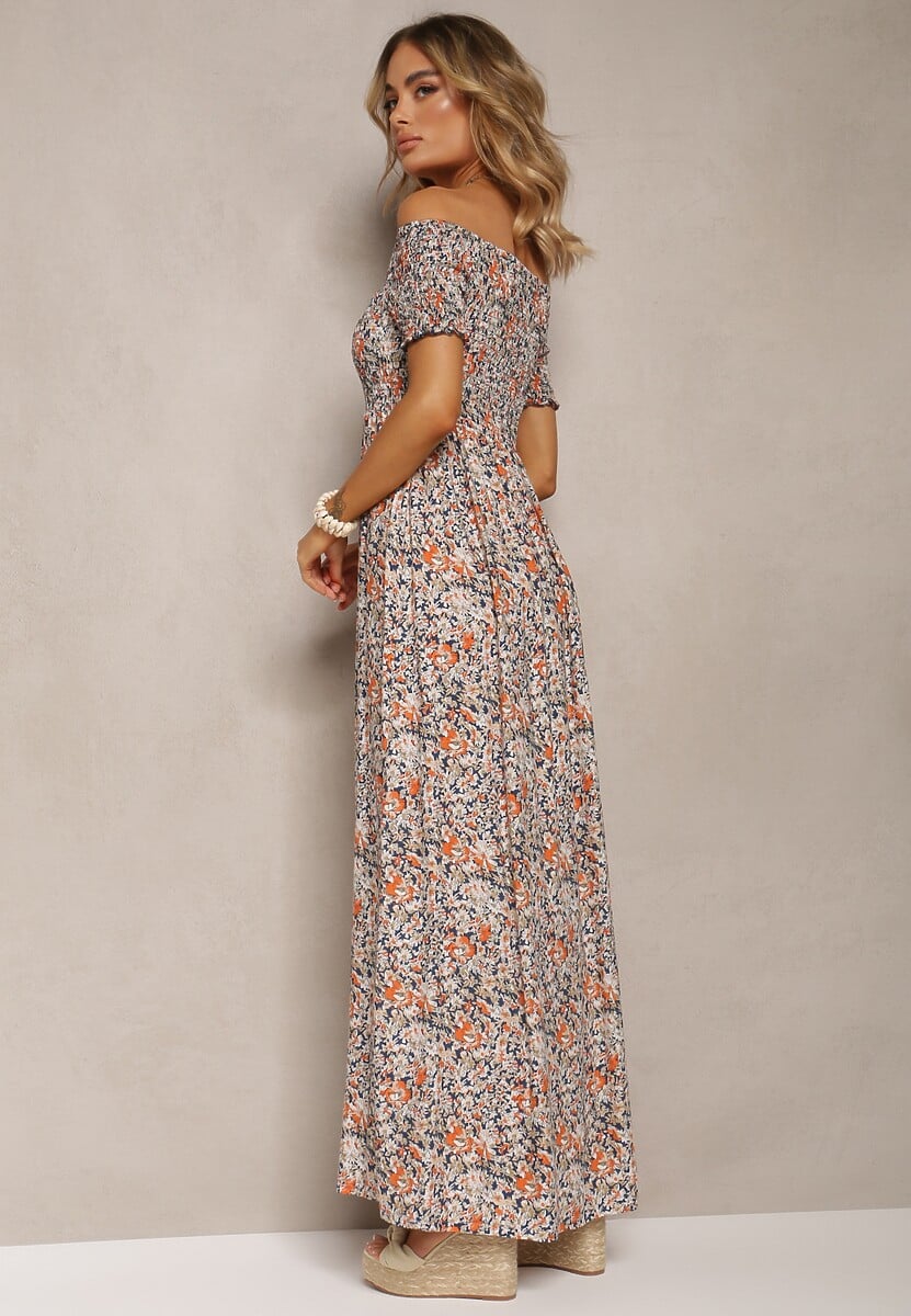 Rochie lungă bleumarin-portocaliu din bumbac cu umeri căzuți și imprimeu floral Nrosa 3