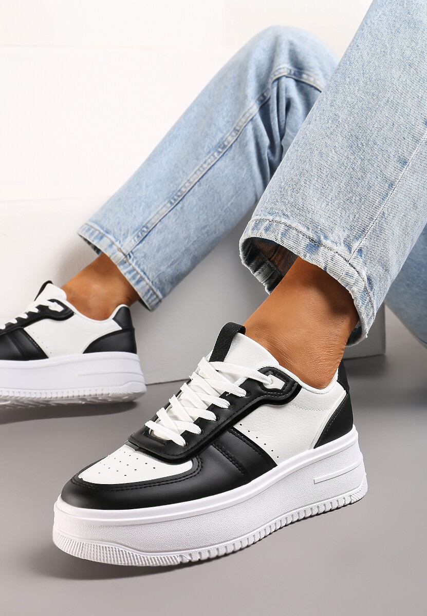 Sneakerși Albi-Negri cu Șiret și Talpă Groasă Salsabil 1