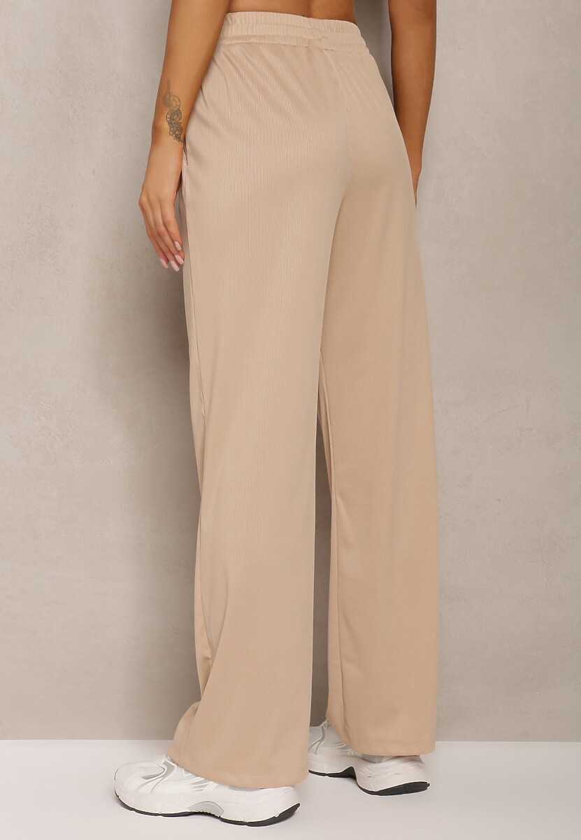 Pantaloni bej High Waist cu Croi Larg și Lanț la Talie Ustar 3