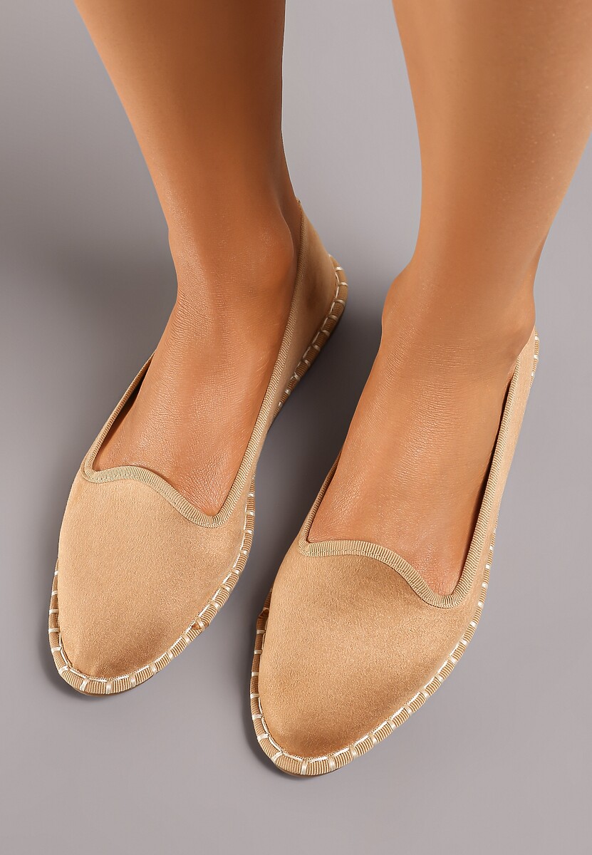 Brązowe Balerinki z Ekozamszu Ozdobione Przeszyciem Przy Płaskiej Podeszwie Amalara 2