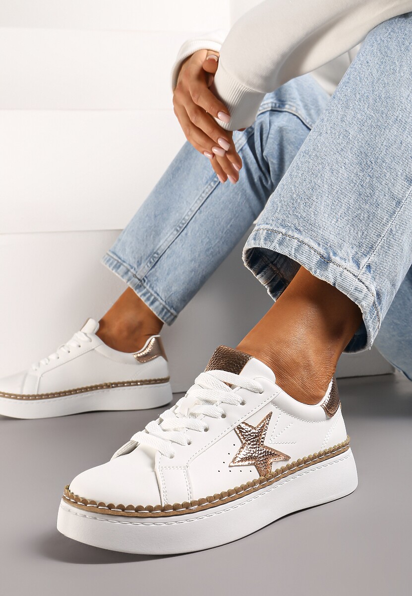 Sneakers Platforma Alb-Șampanie cu Șiret și Finisaje Metalice Delulla 1