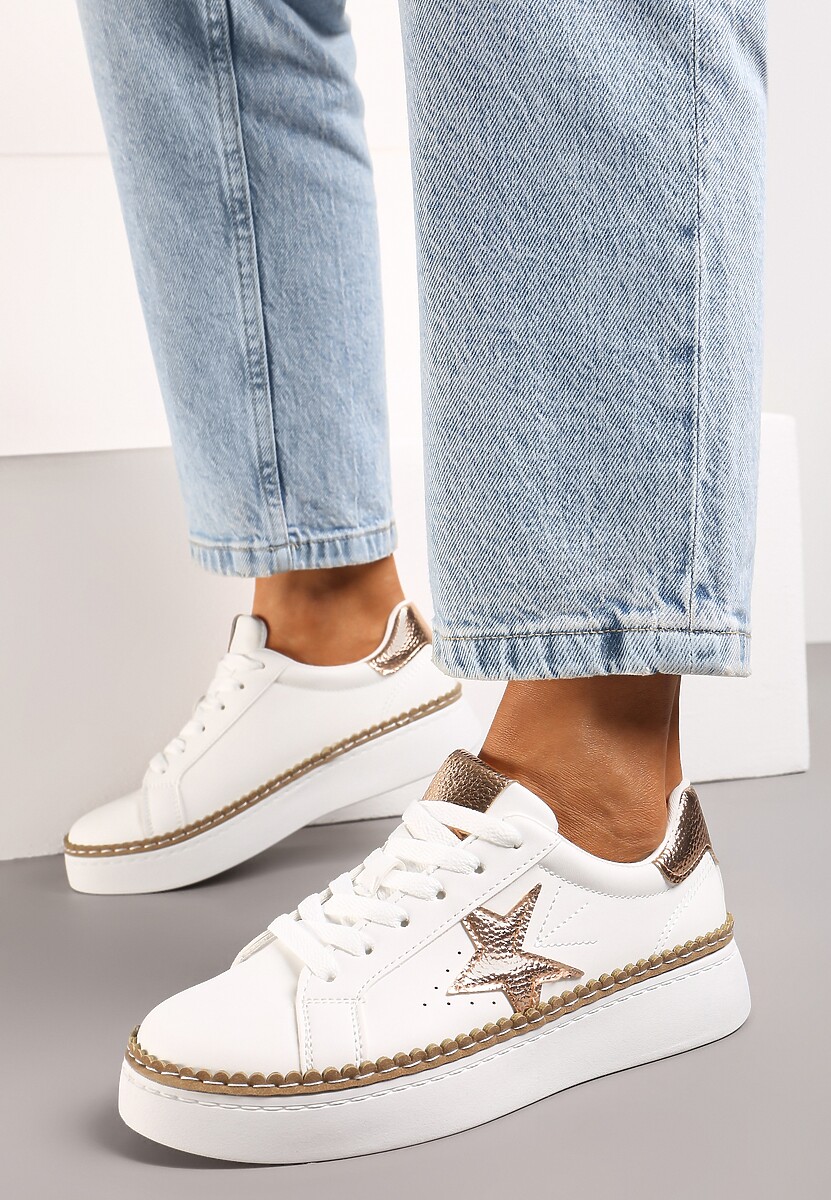 Sneakers Platforma Alb-Șampanie cu Șiret și Finisaje Metalice Delulla 3
