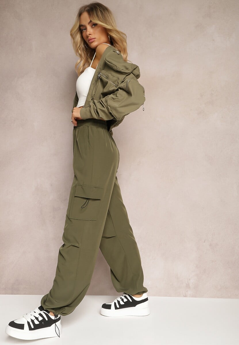 Pantaloni Militari Verde Închis cu Buzunare Largi și Elastic în Talie Gracenella 3