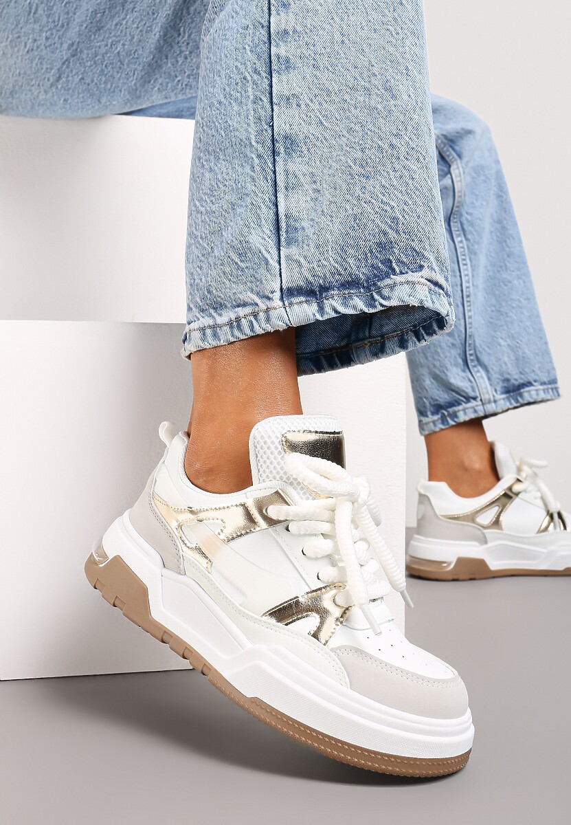 Biało-Złote Płaskie Casualowe Sneakersy ze Sznurowaniem i Transparentnym Elementem z Tyłu Gamarie 3