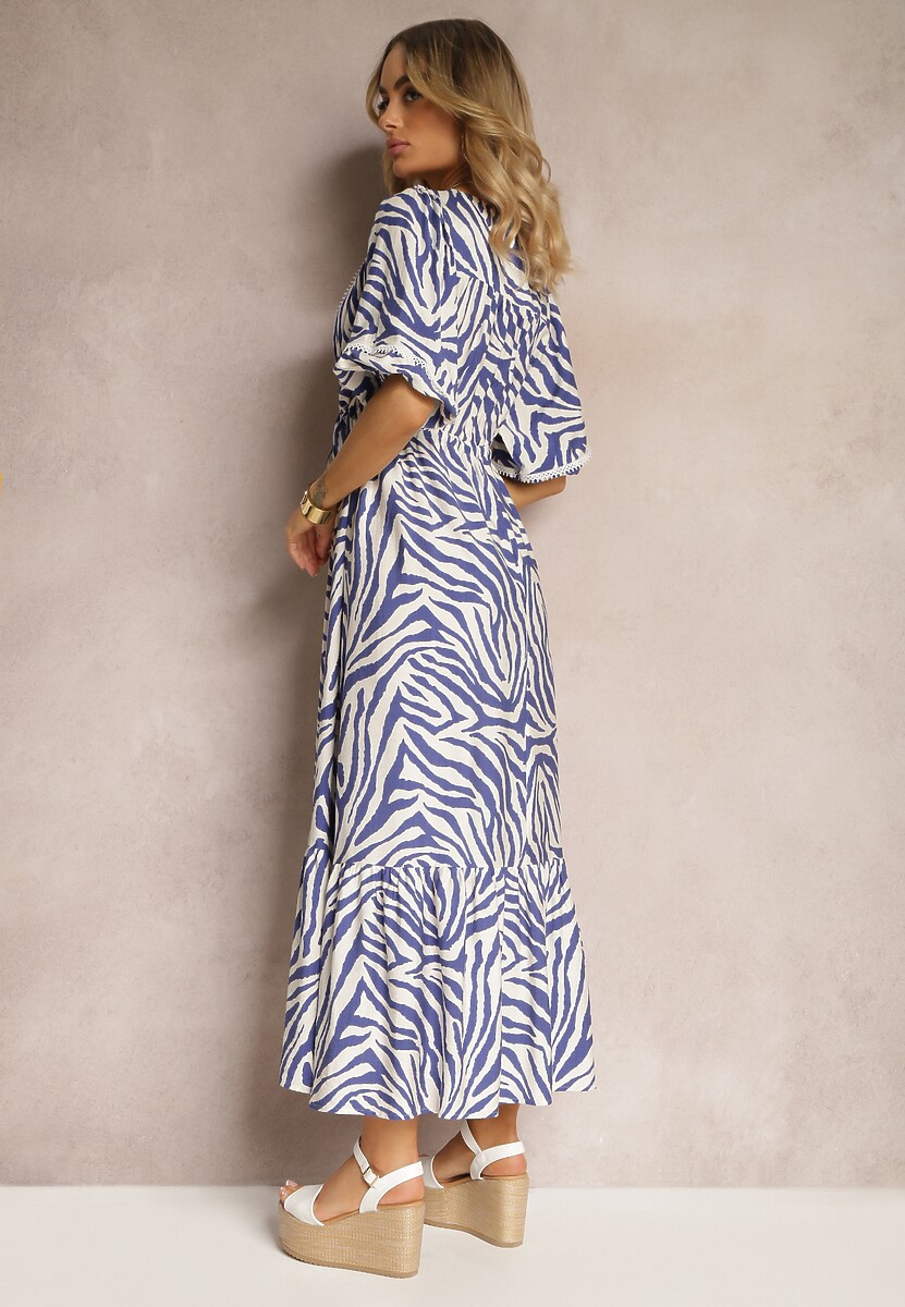 Rochie bleumarin-albă din viscoză și bumbac cu volan și șnur în talie Vantia 3