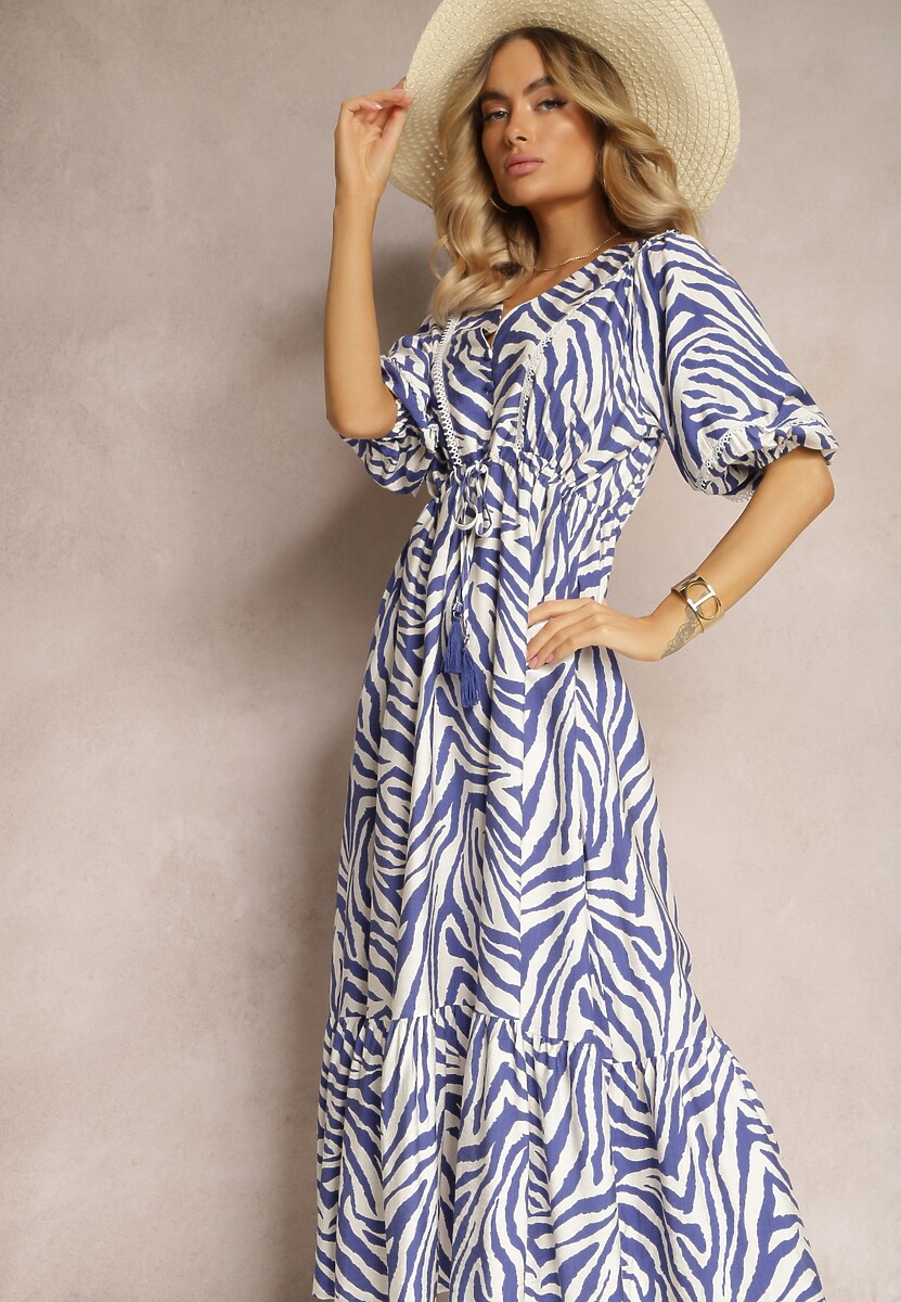 Rochie bleumarin-albă din viscoză și bumbac cu volan și șnur în talie Vantia 2