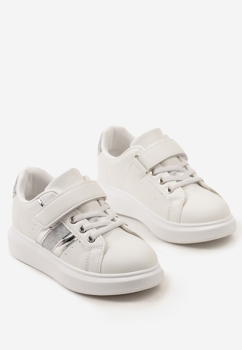 Biało-Srebrne Buty Sportowe Sneakersy z Metalicznymi Wstawkami i Brokatem z Zapięciem na Rzep Tetita 2