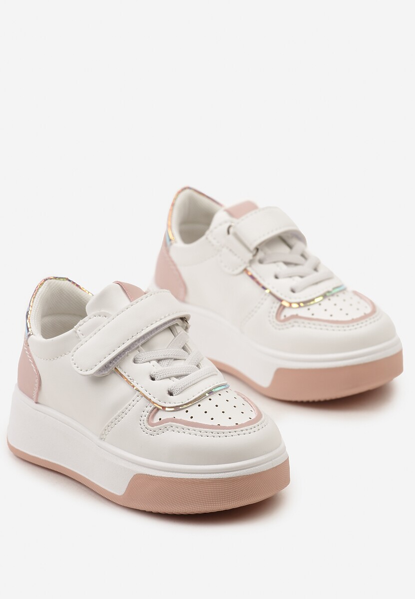 Biało-Różowe Buty Sportowe Sneakersy na Platformie z Metalicznymi Wstawkami Zapinane na Rzep Calbenia 2