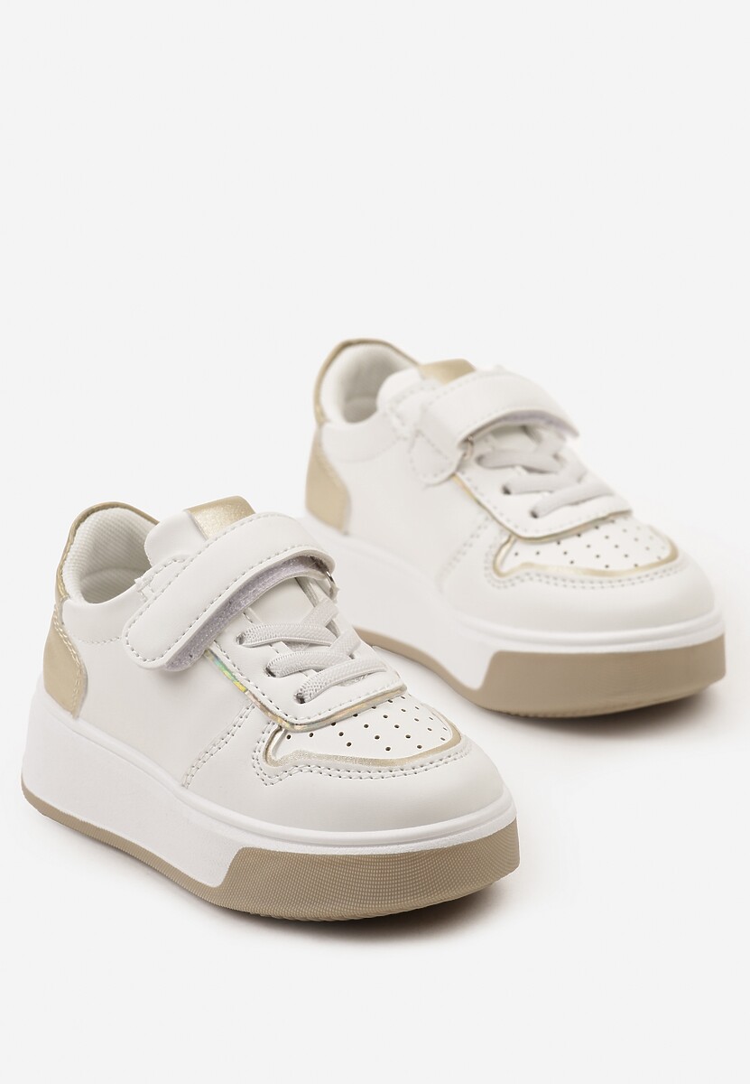 Biało-Złote Buty Sportowe Sneakersy na Platformie z Metalicznymi Wstawkami Zapinane na Rzep Calbenia 2