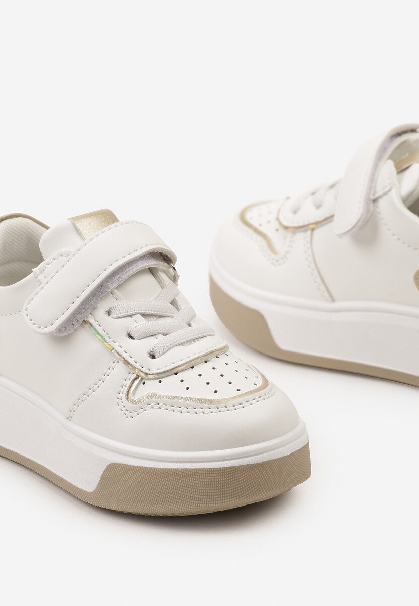 Biało-Złote Buty Sportowe Sneakersy na Platformie z Metalicznymi Wstawkami Zapinane na Rzep Calbenia 3